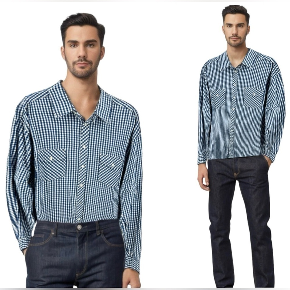 Roundtree & Yorke Button Down Shirt Mens 2X Tall Blue Check Long Sleeve Office